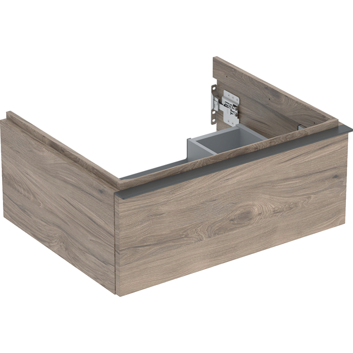 Mueble bajo Geberit iCon para lavabo, con un cajón: Ancho de lavabo=60cm, Cuerpo y frontal: nogal hickory/melamina con textura de madera, Tirador: lava/con pintura polvo al horno mate
